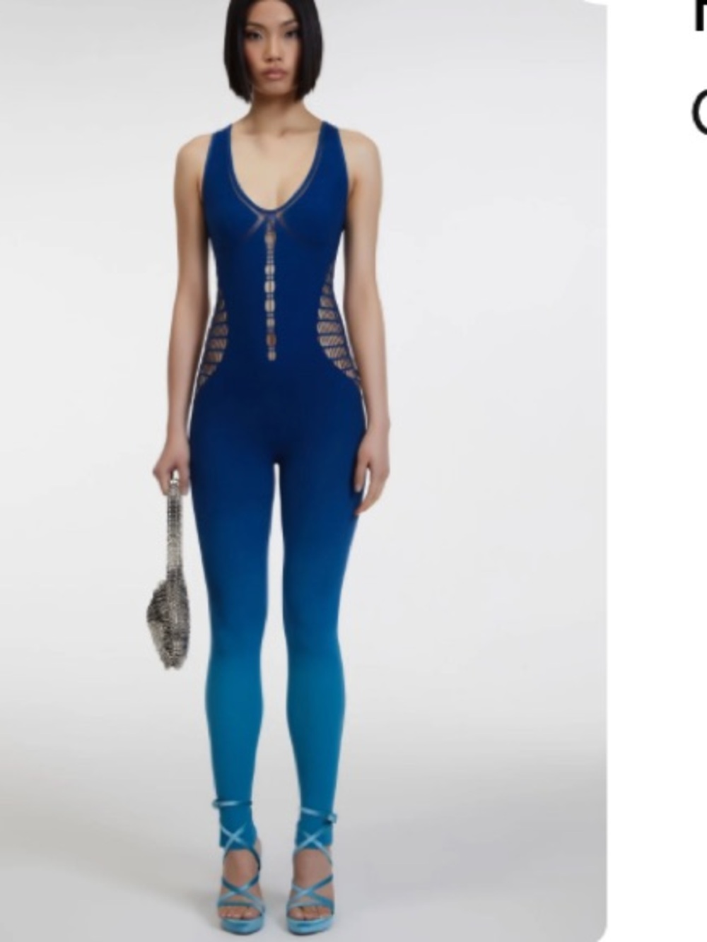 Ombre Blue Sleeveless Fitted Jumpsuit with Side Mesh Cutouts
